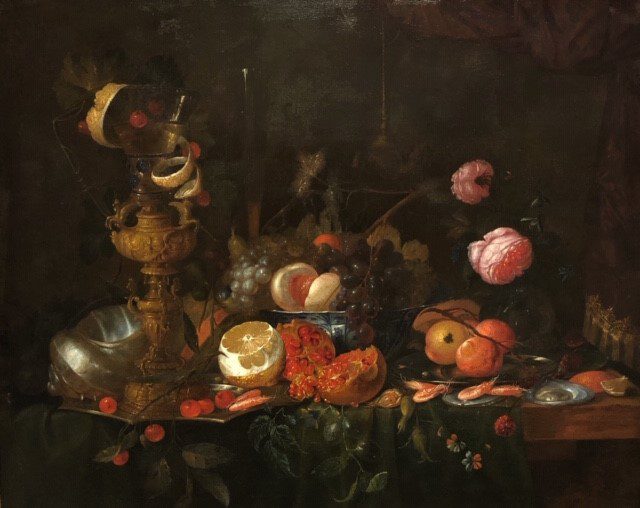 Attributed to Cornelius de Heem (Dutch, 1631-1695), Still Life with Fruit, Shells, and Shrimp, later 1600s, oil on canvas. Gift of Mr. William Meredith, 1971.86.


In a scene of lush abundance, fruit, flowers, shells, and shellfish are artfully strewn across a tabletop, offering a variety of textures and surfaces and evoking different smells and tastes. An imported Chinese porcelain bowl and an ornate goblet speak to the wealth and cosmopolitan status of the Dutch in the 1600s, an era known as the Dutch Golden Age.