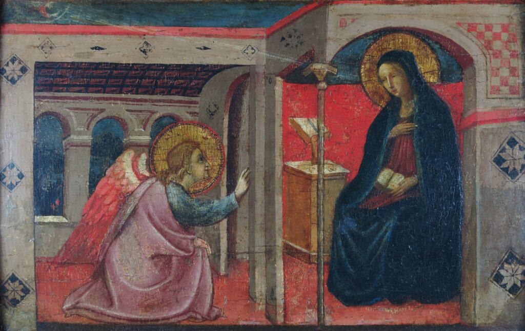 Unknown Italian artist (Florentine, active mid-1400s), The Annunciation, ca. 1430, oil on panel. Museum purchase, 1952.113.
This small, fragmentary panel of the Annunciation depicts the Angel Gabriel telling the Virgin Mary that she will bear the Son of God. Gabriel has just alighted outside the Virgin’s private chamber, interrupting her prayerful reading. Startled, she raises one hand to her chest, while God the Father in the upper left corner sends the Holy Spirit towards her.