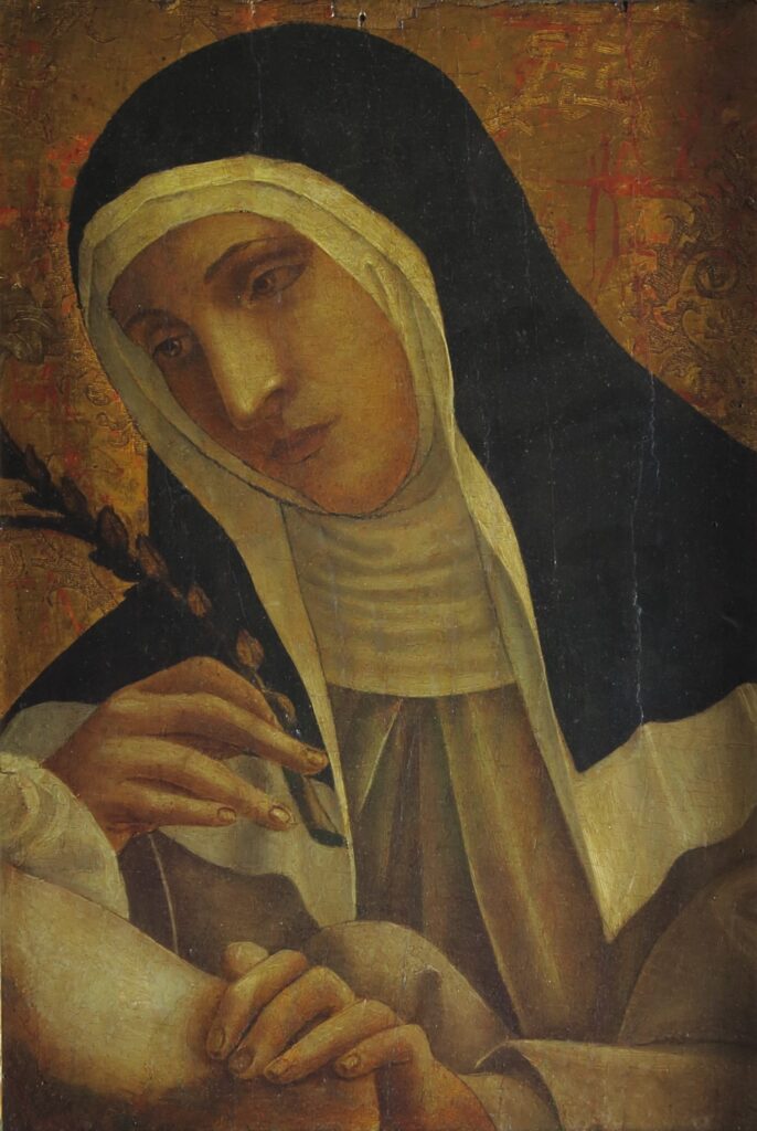 Unknown Italian artist (Tuscan, active ca. 1500), Saint Catherine of Siena, ca. 1500, oil on panel. Museum purchase, 1952.95.


This tightly cropped representation of Saint Catherine of Siena (1347-1380) was once part of a larger painting featuring the dead Christ, part of whose left arm Catherine touches with her fingers. Executed by a Tuscan artist around the year 1500, the work reveals the painter’s sensitivity to design: note the individually delineated fingers and fingernails, the crisp contours of the facial features, and the sharp lines of the veil and religious habit. Catherine holds a lily in her right hand while she gazes pensively at Christ’s body. In the original composition, she would have been joined by other saints looking toward and perhaps touching Christ, thus guiding the viewer’s attention to his sacrifice for the salvation of humanity.