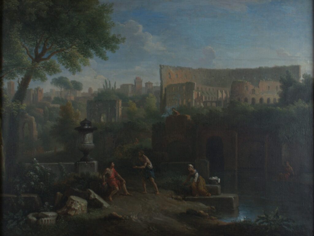 Jan Frans van Bloemen (Flemish, 1662-1749), Classical Roman Landscape, ca. early 1700s, oil on canvas.Museum purchase, 1952.46.


Inspired by antiquity and the majesty of Rome’s classical ruins, Jan Frans van Bloemen painted idyllic scenes like this one. He combined ancient architecture from the Roman countryside (the campagna) with lush vegetation and imaginative elements. Here we see the Colosseum and other ancient structures in an idealized setting, bathed in a soft, warm light, while several figures in classical garb enliven the foreground. 


Jan Frans Van Bloemen was among a group of Flemish artists painting in Rome that included his two brothers, Pieter and Norbert. Although his brothers returned to Flanders, Jan Frans never left, in part because he found considerable success painting for Roman aristocrats and for Grand Tourists, those who visited Rome as part of an educational circuit of culture and art in the 1700s and 1800s.