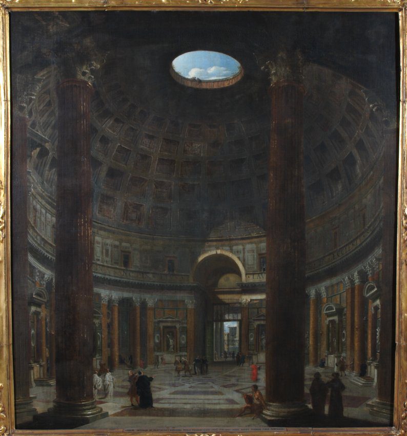 After Giovanni Paolo Panini (Italian, 1691-1765), Interior of the Pantheon, Rome, 1700s, oil on canvas. Museum purchase, 1953.59.
The Pantheon, a monumental domed temple built in the 2nd century under the Roman Emperor Hadrian, has endured intact as one of Rome’s most famous structures. It was as popular a tourist attraction in the 1700s as it is today, with visitors to Rome marveling at its brilliant engineering and the beauty of its design. At the center of the dome is an oculus that is open to the sky, providing an important light source.