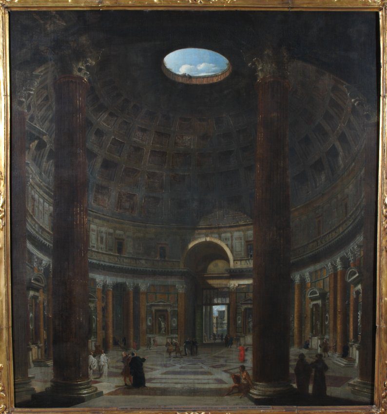 After Giovanni Paolo Panini (Italian, 1691-1765), Interior of the Pantheon, Rome, 1700s, oil on canvas. Museum purchase, 1953.59.


The Pantheon, a monumental domed temple built in the 2nd century under the Roman Emperor Hadrian, has endured intact as one of Rome’s most famous structures. It was as popular a tourist attraction in the 1700s as it is today, with visitors to Rome marveling at its brilliant engineering and the beauty of its design. At the center of the dome is an oculus that is open to the sky, providing an important light source.