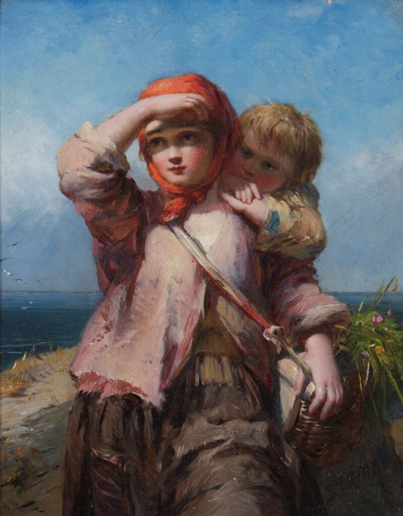 James John Hill (English, 1811-1882), The Fisherman's Daughter, ca. 1855-1860, oil on canvas. Gift of Miss Evelyn Page, 1958.64.


With a simple gesture, a young woman shields her eyes from the sun, searching for her  father returning with the day’s catch. She leans against an embankment, while her young brother rests on her shoulder. The siblings’ clothes are worn and patched, but their loving closeness, rosy cheeks, and beautiful surroundings make this scene a touching one.