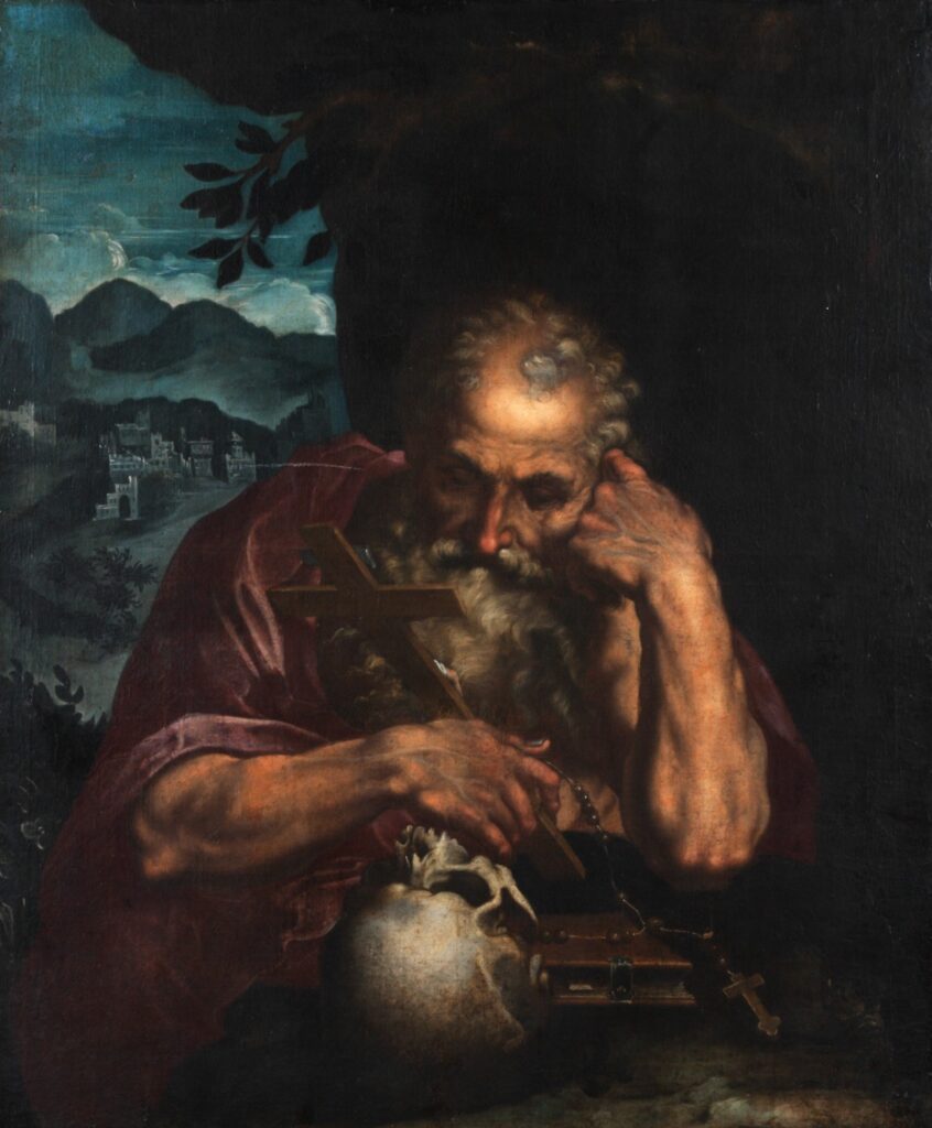 Unknown artist (Flemish, working in Italy, active later 1500s), St. Jerome, late 1500s, oil on canvas. Gift of Mrs. Frederick Dart, 1960.108.
This composition is modeled after a print by the Italian artist Annibale Carracci, showing Jerome contemplating the Bible and a skull, reflecting on mortality and the sacrifice of Christ. The landscape in the background resembles Flemish examples, however, suggesting this scene was painted by a Flemish artist working in Italy.