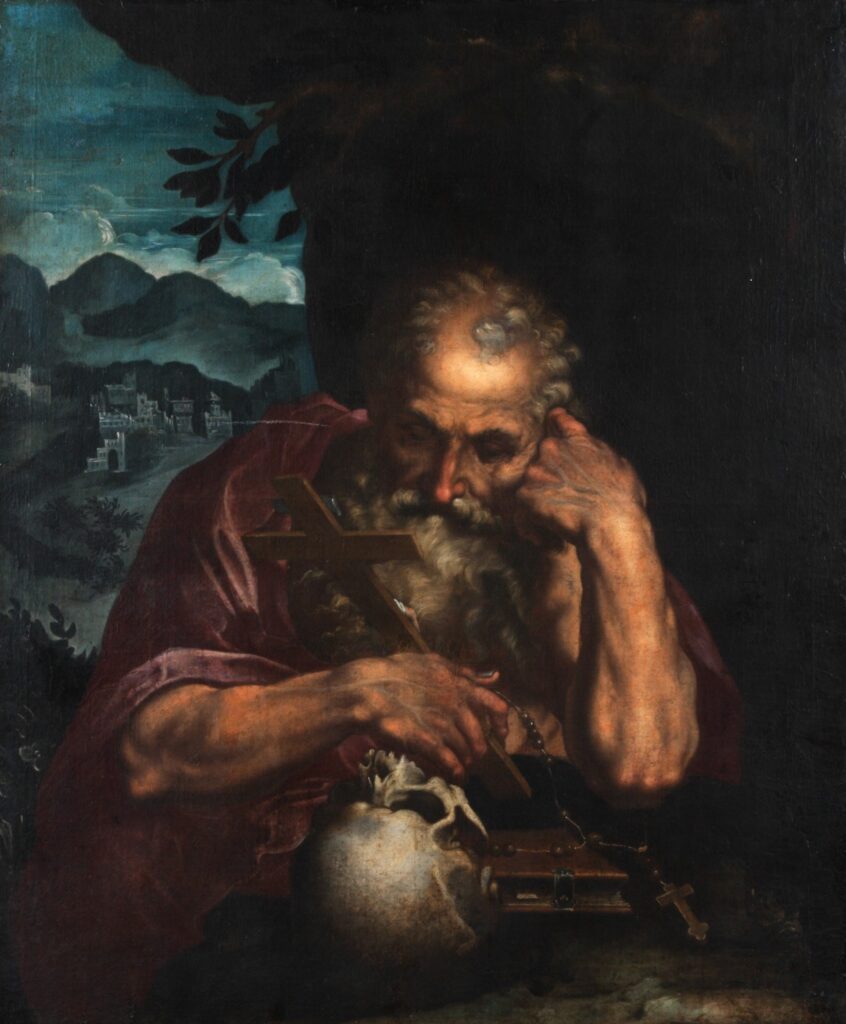 Unknown artist (Flemish, working in Italy, active later 1500s), St. Jerome, late 1500s, oil on canvas. Gift of Mrs. Frederick Dart, 1960.108.


This composition is modeled after a print by the Italian artist Annibale Carracci, showing Jerome contemplating the Bible and a skull, reflecting on mortality and the sacrifice of Christ. The landscape in the background resembles Flemish examples, however, suggesting this scene was painted by a Flemish artist working in Italy.