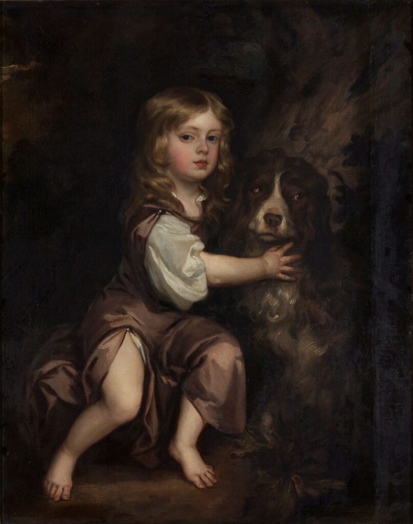 Attributed to Sir Peter Lely (Dutch, active in England, 1618-1680), Young Boy with a Dog, 1600s, oil on canvas. Gift of Mr. Nathan Joseph Leigh, 1960.2.
The identity of this boy is unknown, but he was likely from a wealthy and noble family, as indicated by the full-length portrayal and the large scale of this portrait. The Stuart family had dogs that resemble this one, suggesting the possibility that this boy was a member of the royal family.