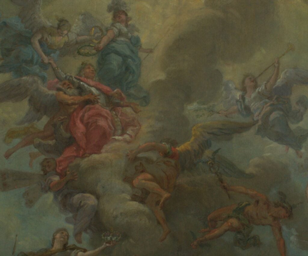 Attributed to Sir James Thornhill (English, 1675-1734), Crowning of a Hero, Surrounded by Gods and Goddesses, early 1700s, oil on canvas. Museum purchase, 1961.165.