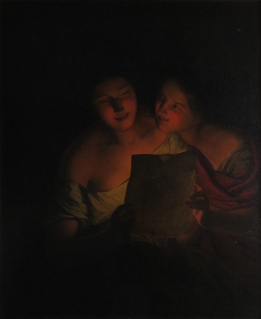 Ferdinand Georg Waldmüller (Austrian, 1793-1865), The Letter, ca. 1849, oil on canvas. Gift of Mrs. Ellery Allyn in memory of Mrs. Wilson Brown, 1961.282.


This dramatically lit nighttime scene shows two young women reading a letter by candlelight. While the contents of the letter are unknown, it appears to be a love note written to the woman at left, who smiles in pleasure, while her friend glances up to gauge her reaction. The painting explores the nuances of light and mood, as a muted single light source suffuses the scene with a sense of mystery, camaraderie, and anticipated romance.