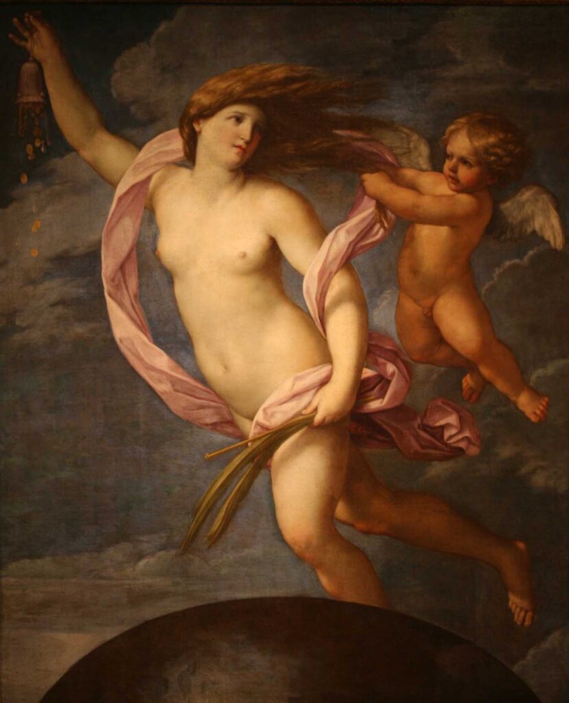 Guido Reni (Italian, 1575-1642) and Giovanni Andrea Sirani (1610-1670), Fortuna with a Purse, 1636-37, oil on canvas. Gift of Mr. and Mrs. Morrie A. Moss, 1962.11.
Fortuna, the Roman Goddess of Fortune, floats gracefully through the heavens in this monumental painting, accompanied by a winged Amor, who tries to restrain her exuberance. As the personification of luck and fortune, she holds a purse aloft, dropping coins down onto the globe. Fortuna is generally shown carrying a cornucopia or a wheel in art, making this composition an unusual one.