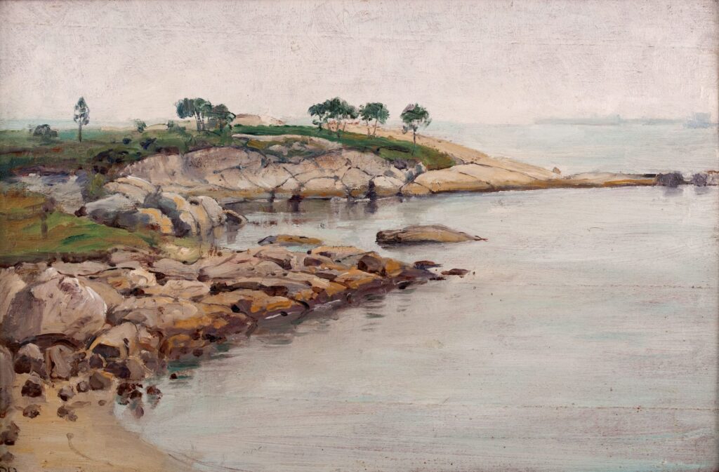 Anna Richards Brewster, View of Groton Shoreline, 1935, oil on wood panel. LAAM, gift of Thomas Colville, 1980.41.