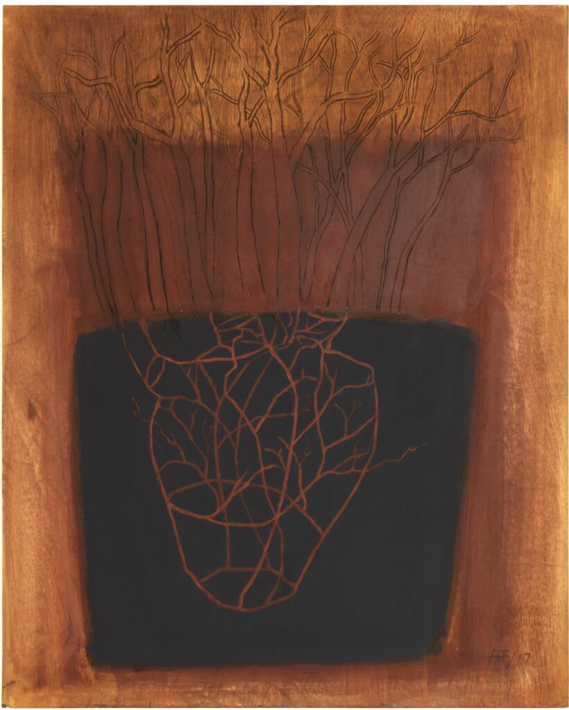 Ana Flores, Heart of the Forest, 2016, pigment on wood and carved lines. Courtesy of the artist.