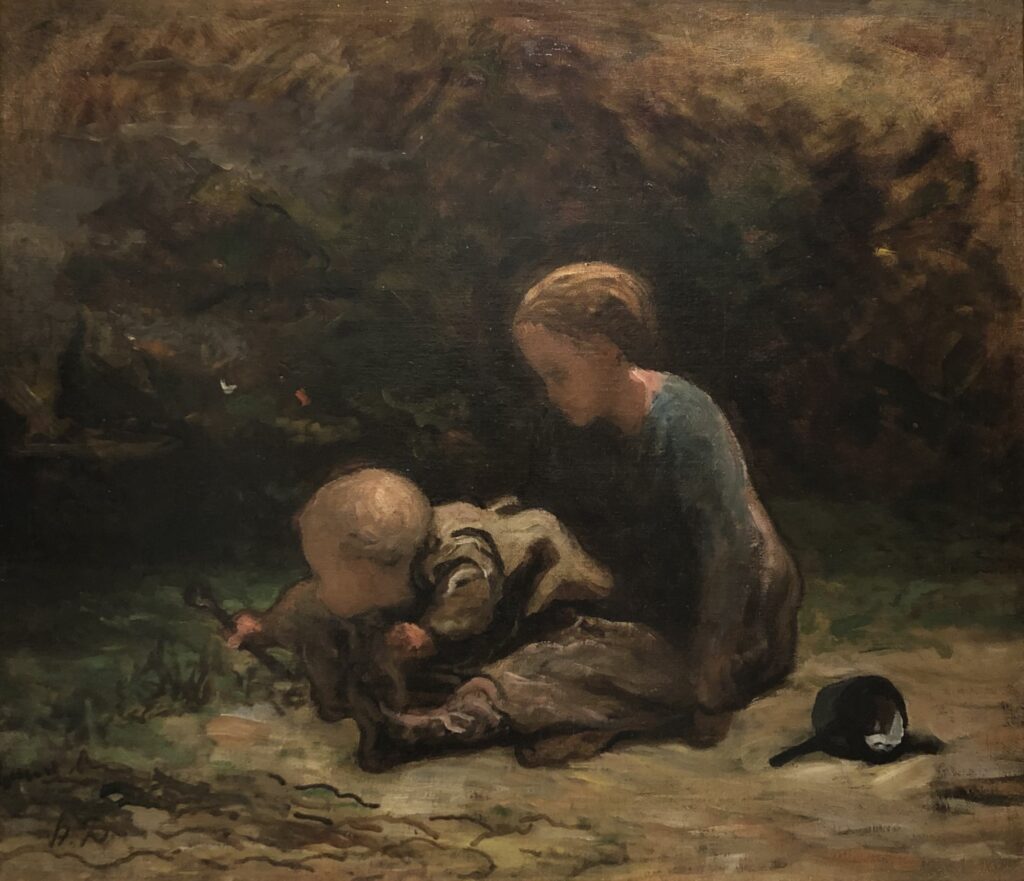 Honoré Daumier (French, 1808-1879),  Jeune fille et enfant (Girl and Infant), also called Les petites paysannes (Small Farmers), 1850-56, oil on canvas. Gift of Dr. and Mrs. Werner Muensterberger, 1966.18.


Honoré Daumier is primarily known for his satirical prints, which offered biting commentary on politics and social issues in the 1830s and ’40s, an era of upheaval in France. The dark, curving lines in this painting evoke the graphic look of Daumier’s lithographs, but unlike the critical tone of his cartoons, here there is only warmth and harmony. This scene may have been painted in the French Barbizon countryside on one of Daumier’s visits to see his friend and fellow painter Jean-François Millet, who painted peasants and rural life.