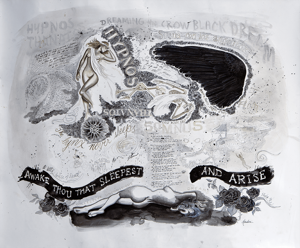 Melissa Barbieri, Sleep & Death, 2019, India ink on cold-pressed paper. Courtesy of the artist.