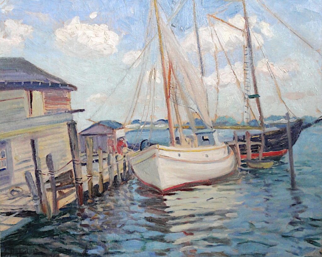 Louise Kamp, Dock at Noank, undated, oil on board. Collection of Jonathan C. Sproul.