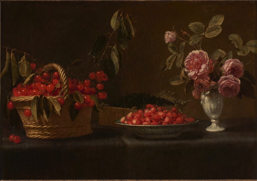 Unknown artist (Spanish, active early 1600s), Still Life with Cherries, early 1600s, oil on canvas. Gift of Mr. Nathan Joseph Leigh, 1958.105.


In the 1600s, still life painting was less prevalent in Spain than in the Netherlands, but there were skilled Spanish artists producing scenes of flowers and fruit such as this one. 


This artwork may have been painted by Juan van der Hamen y León (1596-1631), a talented and prolific still life painter working in Madrid in the 1620s, but more research is needed to substantiate this attribution.