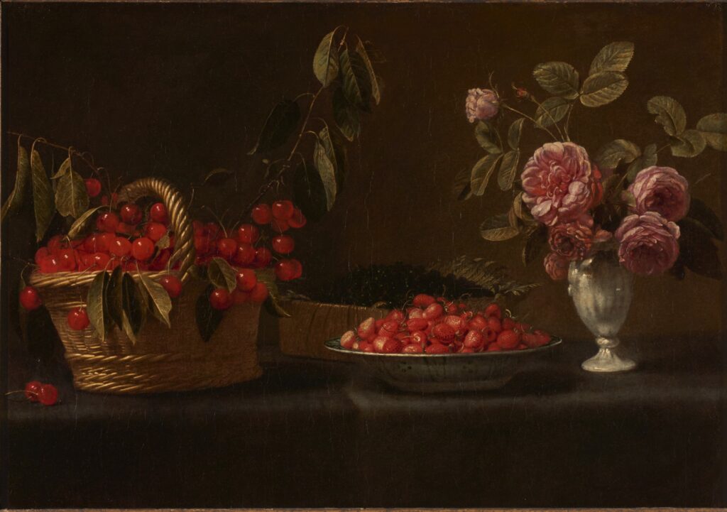 Unknown artist (Spanish, active early 1600s), Still Life with Cherries, early 1600s, oil on canvas. Gift of Mr. Nathan Joseph Leigh, 1958.105.


In the 1600s, still life painting was less prevalent in Spain than in the Netherlands, but there were skilled Spanish artists producing scenes of flowers and fruit such as this one. 


This artwork may have been painted by Juan van der Hamen y León (1596-1631), a talented and prolific still life painter working in Madrid in the 1620s, but more research is needed to substantiate this attribution.